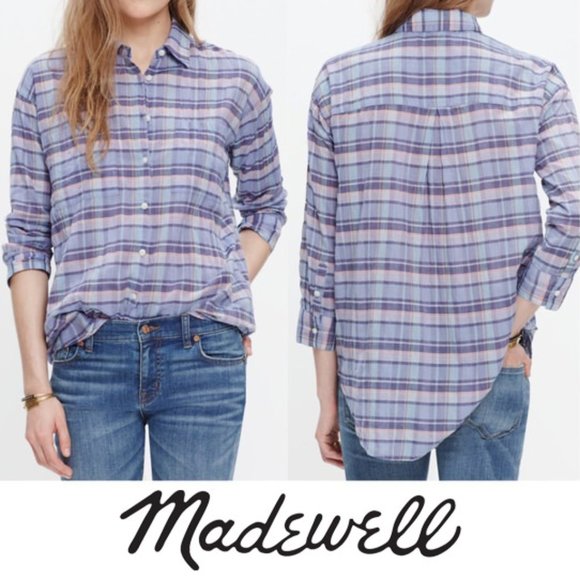 Madewell Shrunken Trapeze Shirt Plaid Button Front Cotton Blue Pink Size Small - Picture 1 of 6
